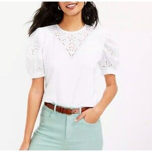LOFT Women's White Eyelet Short Puff Sleeve Top Size M Preppy Office School Chic